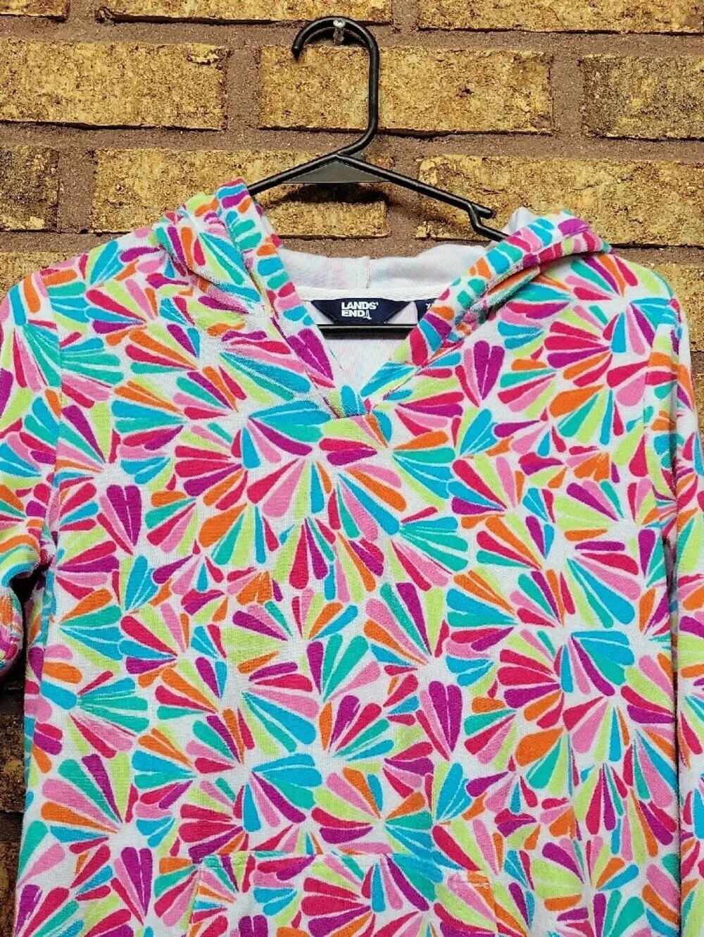 Lands' End Girls Hooded Swim Cover Up Beach Summer Colorful Print Size XL 14/16